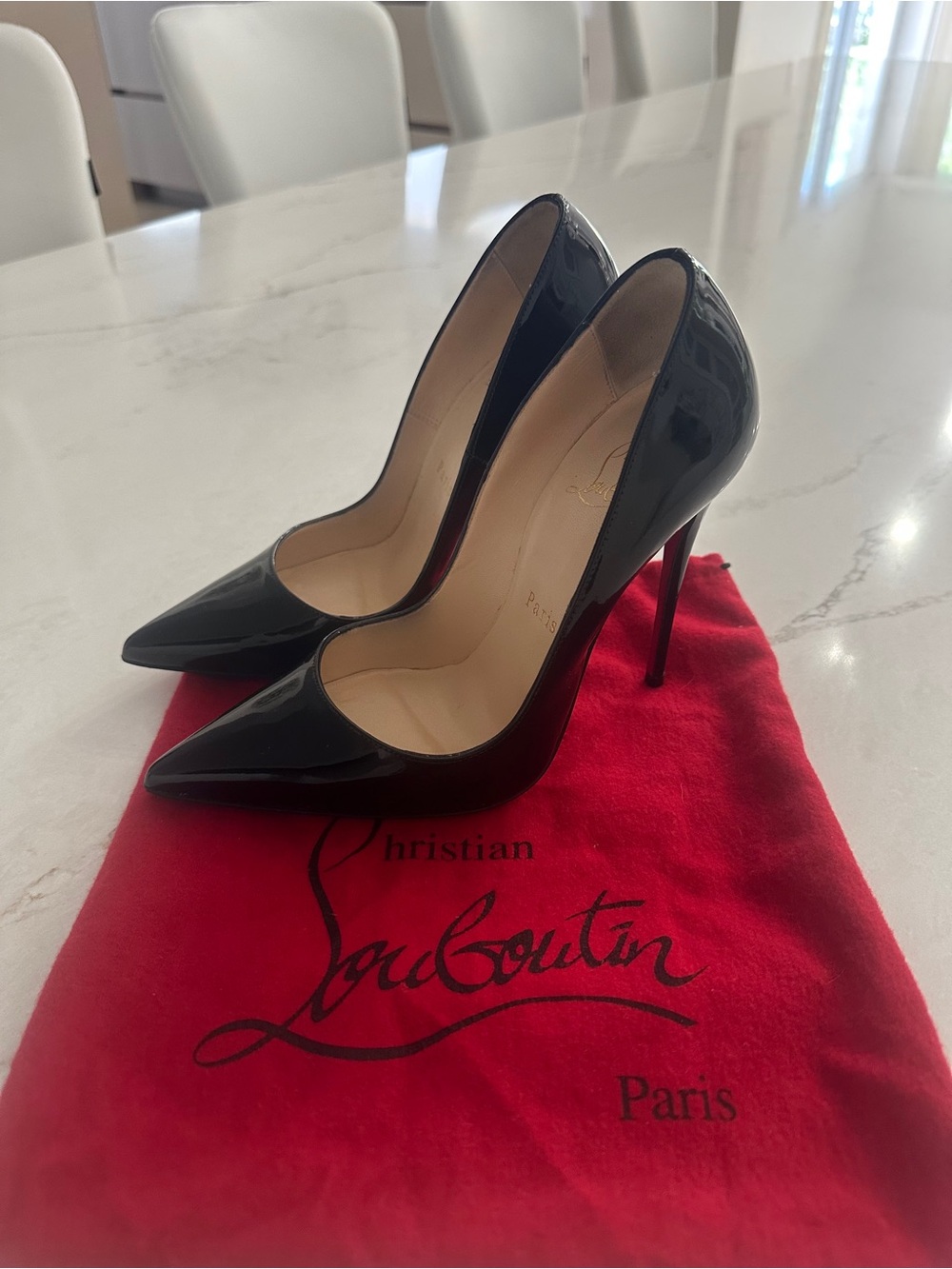 Christian Louboutin So Kate Black Patent Leather Pointed Toe Stiletto Pumps